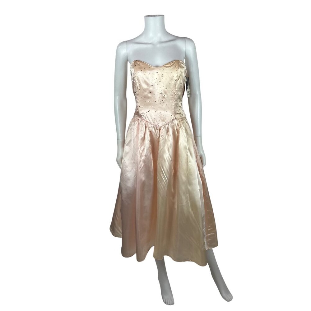 Vintage 80s Prom Dress Womens XS Strapless Peach Satin Glitter Evening Gown Swee - Picture 2 of 16